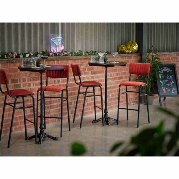 Bourbon Bar Chairs In Tabasco With Solid Wood Walnut Round Tops On Bistro Poseur Height Bases 2
