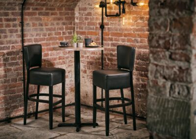 Sena Coal Bar Chair With Orlando Small Poseur Height Table Base And 700 Diameter Round Werzalit Arizona Table Top 1