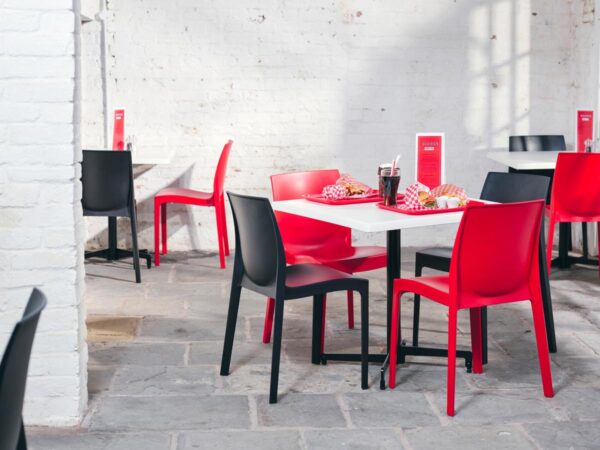 Strata Anthracite Side Chair And Strata Red Side Chair With Madrid Flip Top Dining Height Table Base And 800 Square White Werzalit Table Top 1