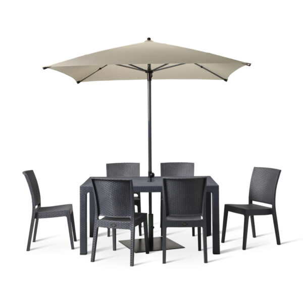 Canterbury 6 Seater Table And 6 Side Chairs With A 2000mm Plaza Parasol In Ecru With Black Plaza Metal Base
