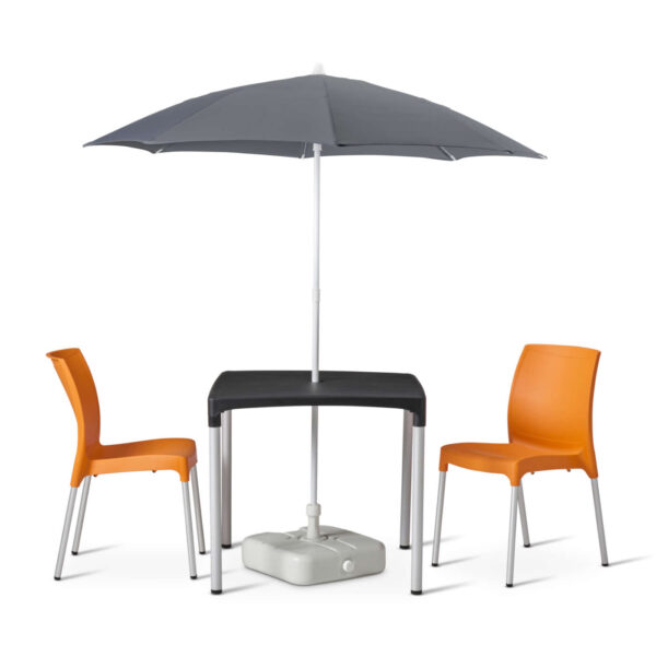 Vibe Table With 2 Vibe Orange Chairs And A Solas 1800mm Parasol In Anthracite With Solas Plastic Parasol Base