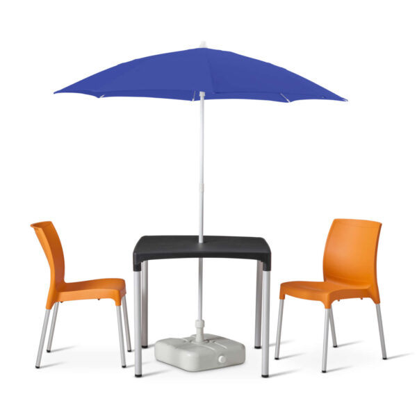 Vibe Table With 2 Vibe Orange Chairs And A Solas 1800mm Parsol In Blue With Solas Plastic Parasol Base