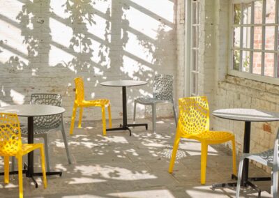 Zest Yellow And Grey With 690 Round Terrazzo CL Tops On Madrid Dining Bases Sets 1