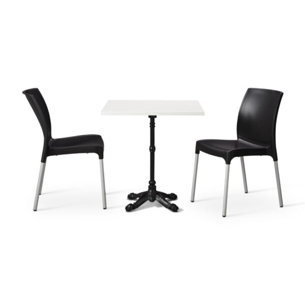 Black Vibe Chairs With White Tuff Top Bistro Square Table