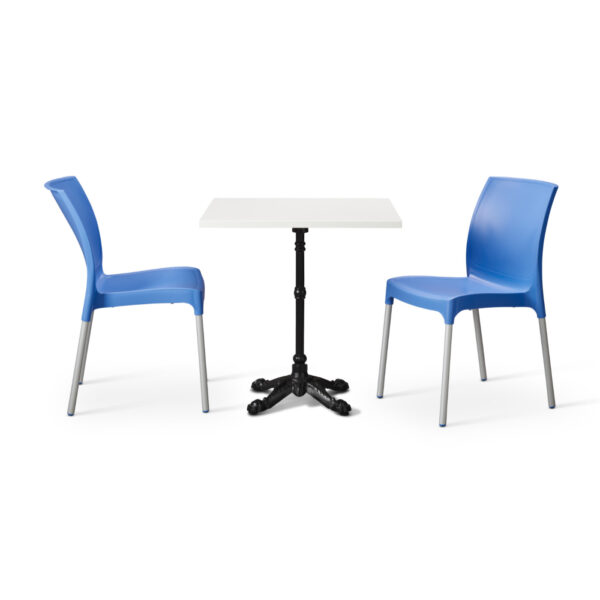 Cornflower Blue Vibe Chairs With White Tuff Top Bistro Square Table