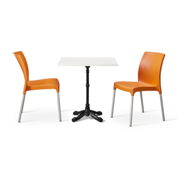 Orange Vibe Chairs With White Tuff Top Bistro Square Table