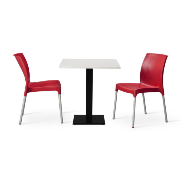 Terracotta Red Vibe Chairs With White Tuff Top Forza Square Table