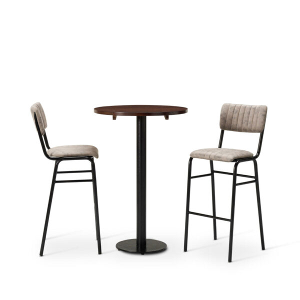 Bourbon Bar Chairs In Graphite With Solid Wood Walnut Round Top On A Forza Round Poseur Height Base