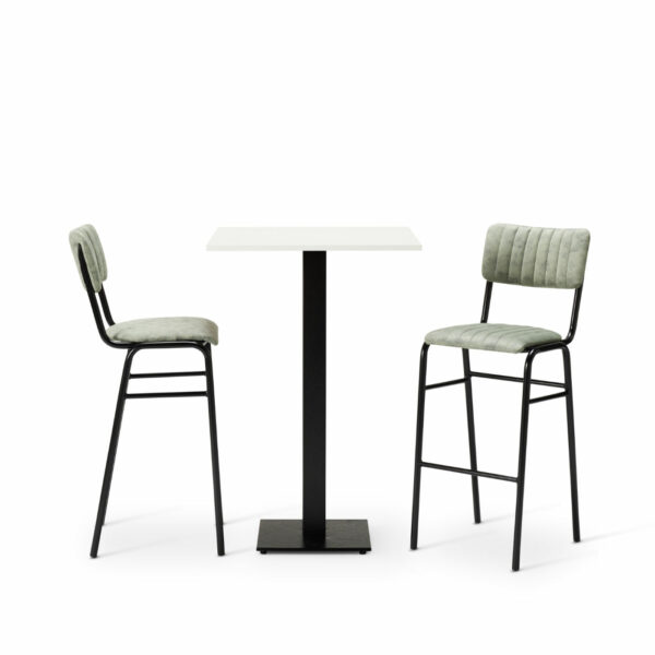 Bourbon Bar Chairs In Fern With Square White MFC Top On A Square Forza Poseur Base