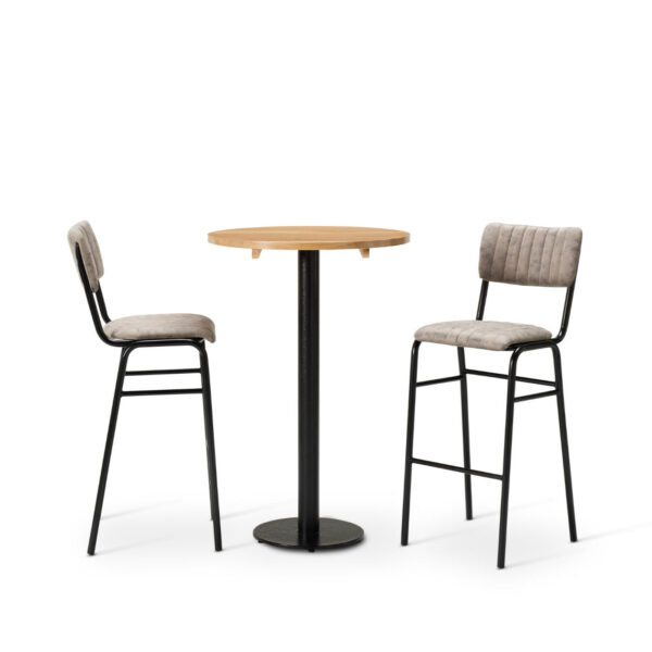 Bourbon Bar Chairs In Graphite With Solid Wood Oak Round Top On A Forza Round Poseur Height Base