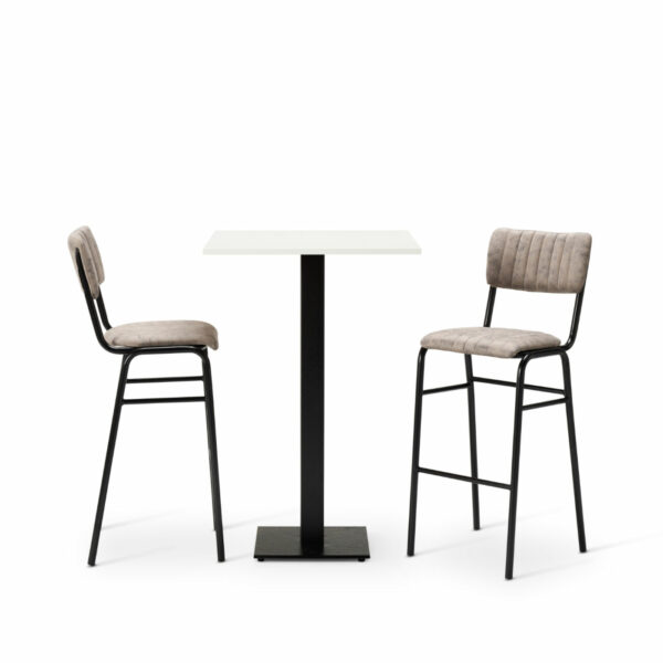 Bourbon Bar Chairs In Graphite With Square White MFC Top On A Square Forza Poseur Base